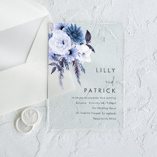 Invitations En Acrylique Boho Fleurs Dusty Bleu & Blanc Mariage