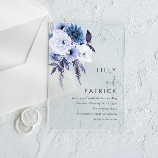 Invitations En Acrylique Boho Fleurs Dusty Bleu & Blanc Mariage (Créateur téléchargé)