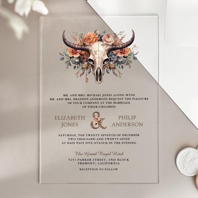 Invitations En Acrylique Boho Floral Cow Skull Western Wedding (Créateur téléchargé)