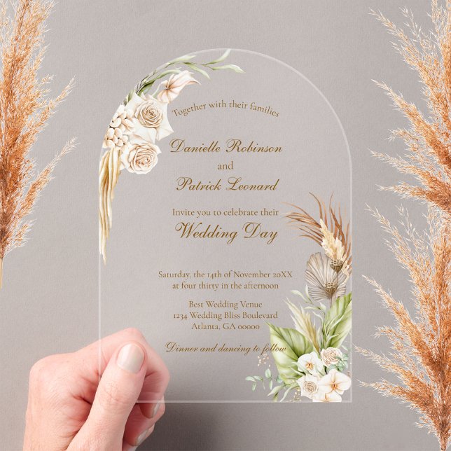 Invitations En Acrylique Boho Floral Pampas Grass Mariage des tons Terre (Créateur téléchargé)