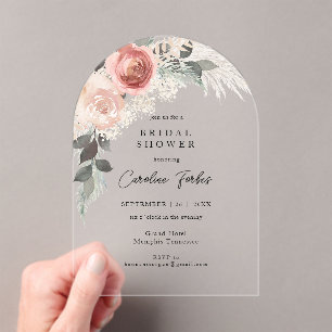 Invitations En Acrylique Boho, Floral, Pampasgras, Fête des mariées d'arc