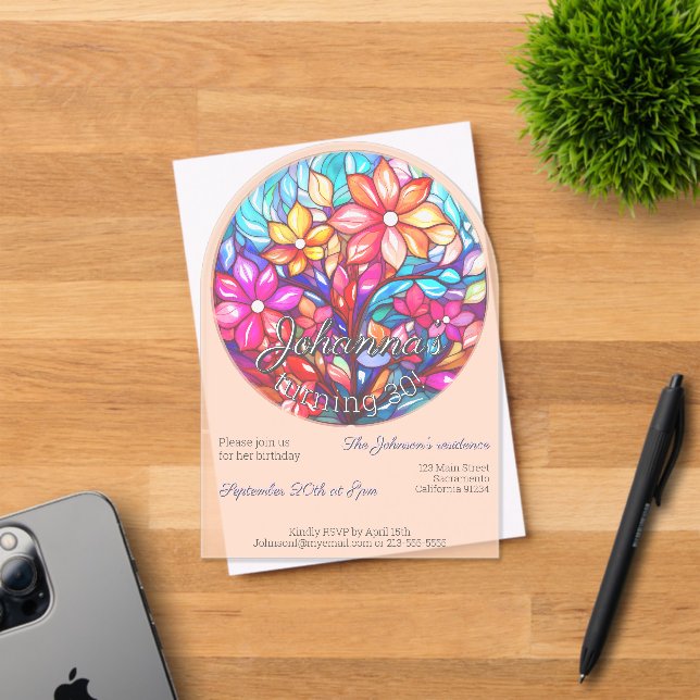 Invitations En Acrylique Boho flourissait imitation de vitrail anniversaire (Insitu (Carte d'invitation))