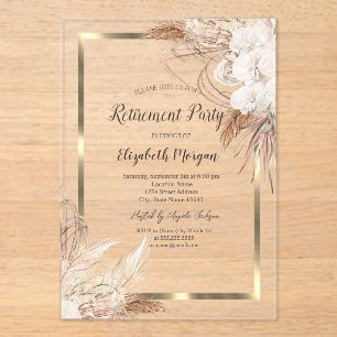 Invitations En Acrylique Boho Flowers Pampas Grass Gold Frame Retirement