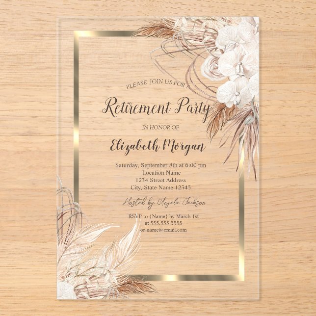 Invitations En Acrylique Boho Flowers Pampas Grass Gold Frame Retirement (Recto)