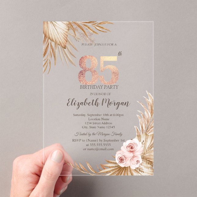 Invitations En Acrylique Boho Flowers Pampas Rose Gold 85e anniversaire (In situ (ordinateur de poche))