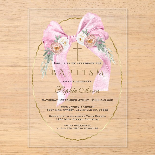 Invitations En Acrylique Boho Flowers Pink Bow Girl Baptism Transparent   (Recto)