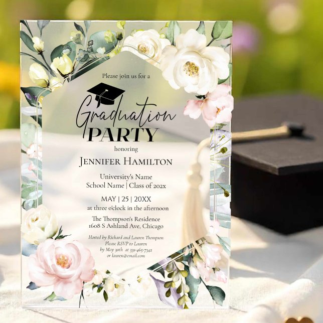 Invitations En Acrylique Boho Green Floral Frame Graduation Party (Créateur téléchargé)