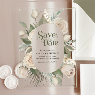 Invitations En Acrylique Boho Ivory Roses Sage Green Wedding Enregistrer la