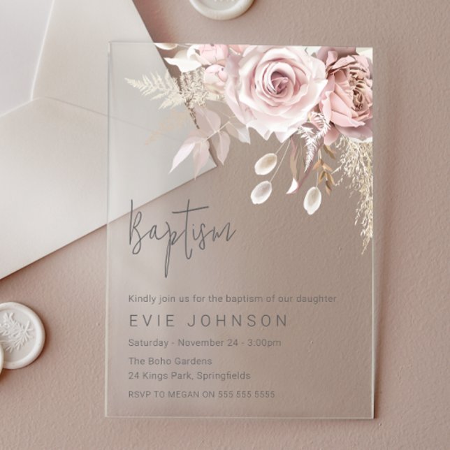 Invitations En Acrylique Boho moderne Dusty Rose & Blush Floral Baptisme (Créateur téléchargé)
