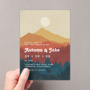 Invitations En Acrylique Boho Mountains and Forest Mariage des années 1970