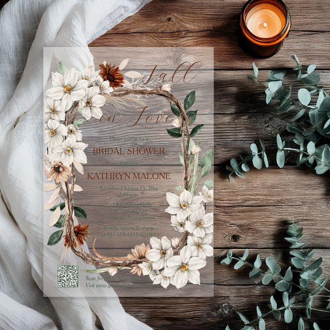 Invitations En Acrylique Boho Muted Fleur de l'automne Tombez amoureux Ente (Boho Muted Fall Floral and Grapevine Wreath "Fall in Love" Bridal Shower Acrylic Invitation)