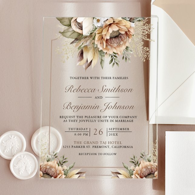 Invitations En Acrylique Boho Neutral Earthy Floral Taupe Wedding (Créateur téléchargé)