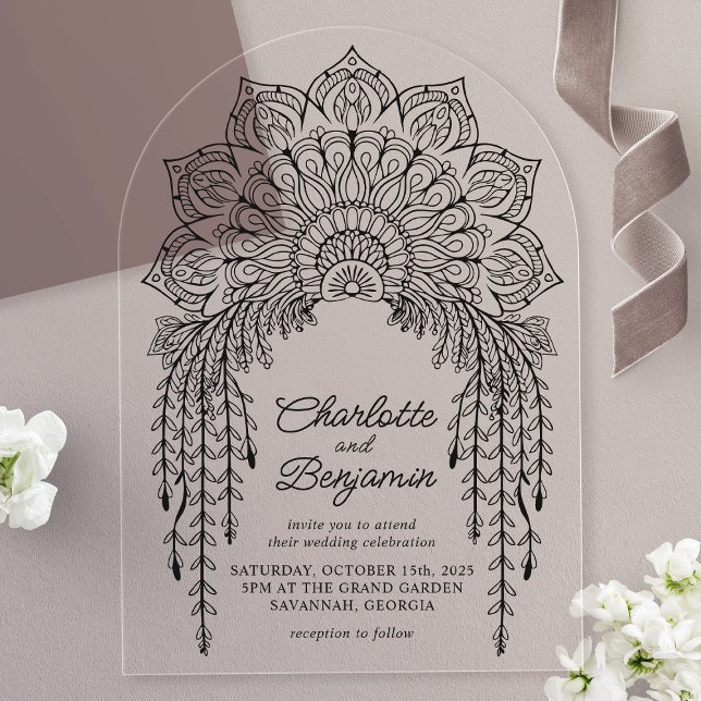 Invitations En Acrylique Boho noir Mandala Mariage moderne (Créateur téléchargé)