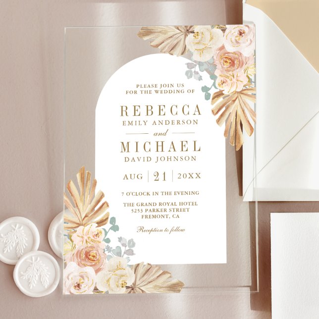 Invitations En Acrylique Boho Palm Dusty Earthy Floral Arch Wedding (Créateur téléchargé)