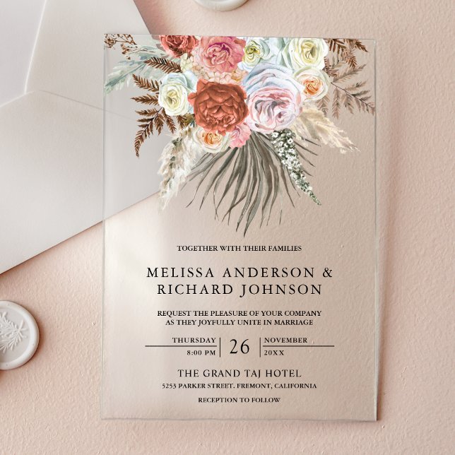 Invitations En Acrylique Boho Pampas Grass Earthy Floral Terracotta Wedding (Créateur téléchargé)