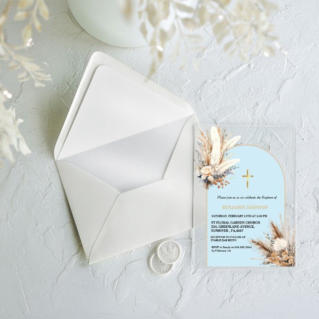 Invitations En Acrylique Boho Pampas Grass Rainbow Boy Baptême Christening (Créateur téléchargé)