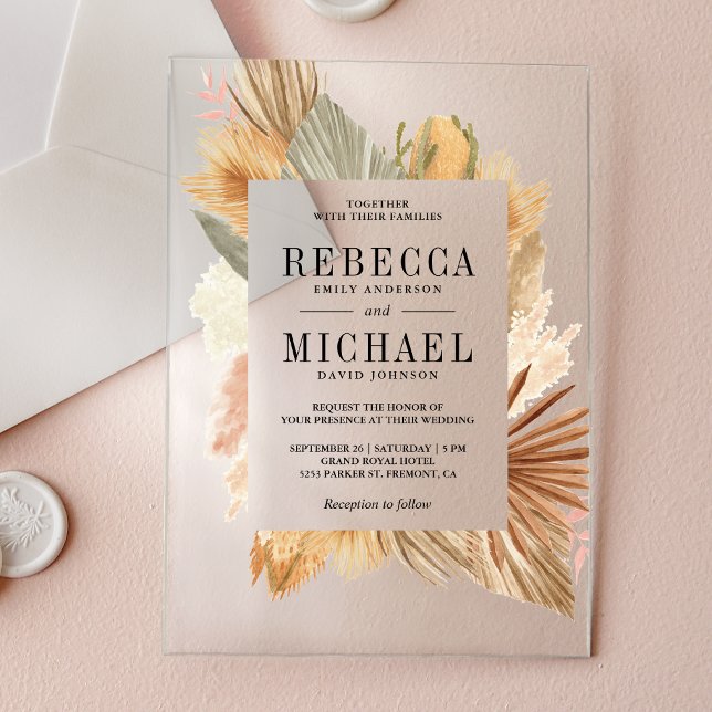 Invitations En Acrylique Boho Pampas Palmier Séché Mariage (Créateur téléchargé)