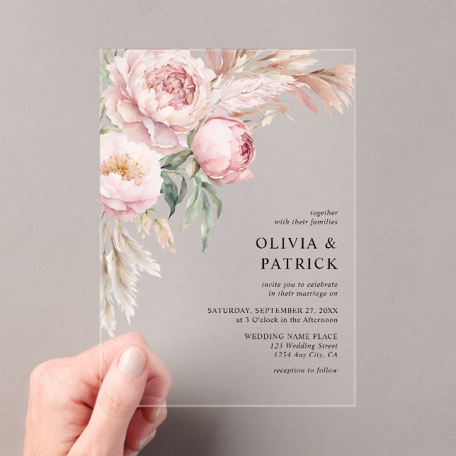 Invitations En Acrylique Boho Pink Peonies & Pampas Grass Mariage Floral (In situ (ordinateur de poche))