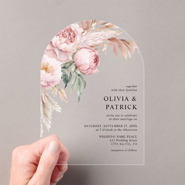 Invitations En Acrylique Boho Pink Peonies & Pampas Grass Mariage Floral (In situ (ordinateur de poche))