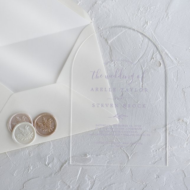 Invitations En Acrylique Boho pourpre à feuille minimale Mariage botanique  (Minimal Leaf Purple Boho Simple Botanical Wedding Acrylic Invitations)