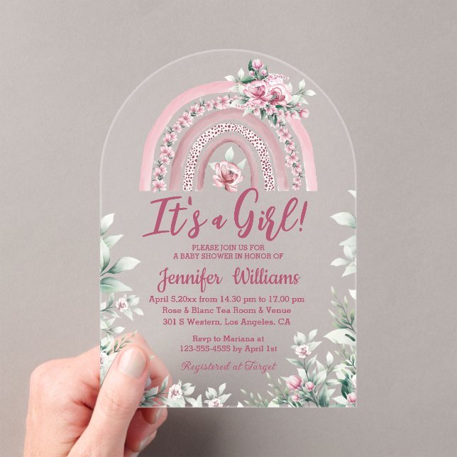 Invitations En Acrylique boho rose arc-en-ciel floral fille baby shower (In situ (ordinateur de poche))