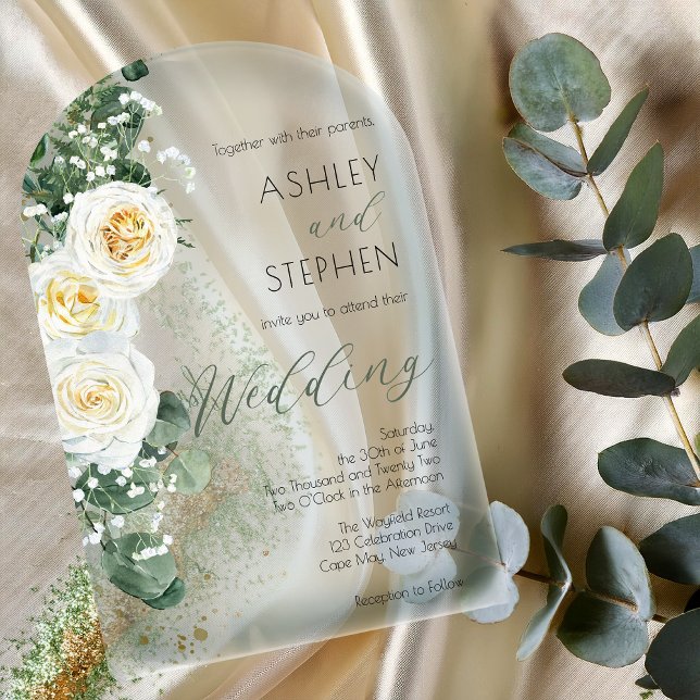 Invitations En Acrylique Boho Rose Blanche Florale | Mariage Eucalyptus (Boho White Rose Floral Eucalyptus Wedding Arched Acrylic Invitations)