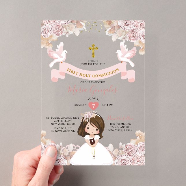 Invitations En Acrylique Boho Rose Florale Fille Première Sainte Communion (In situ (ordinateur de poche))