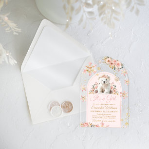 Invitations En Acrylique Boho Rose Ours d'Hiver C'est une Fille Baby Shower