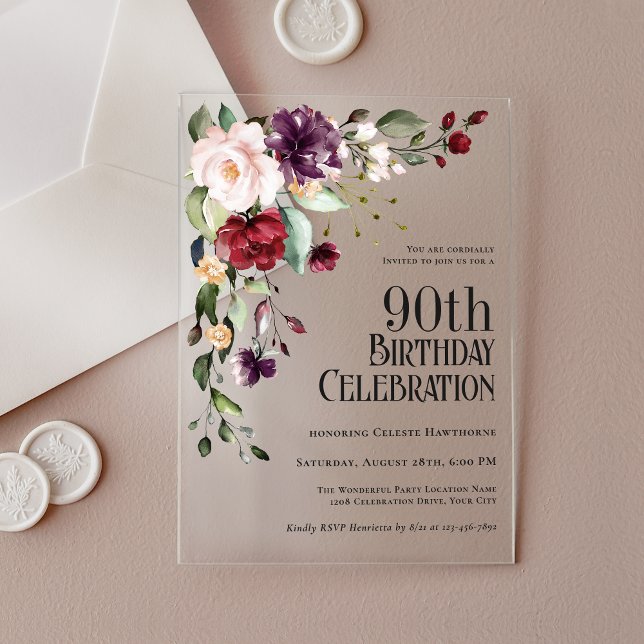 Invitations En Acrylique Boho Rouge Fard Rose et Violet 90e Anniversaire (Créateur téléchargé)