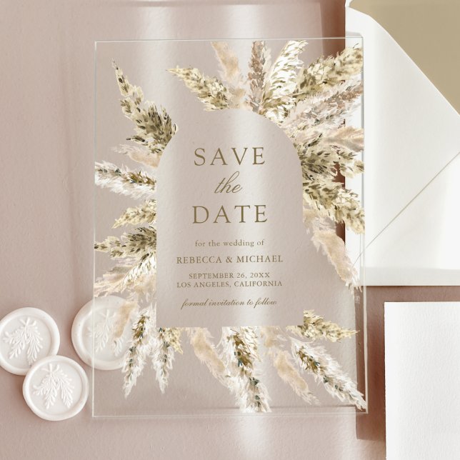 Invitations En Acrylique Boho séché Pampas Arch Wedding Enregistrer la date (Créateur téléchargé)