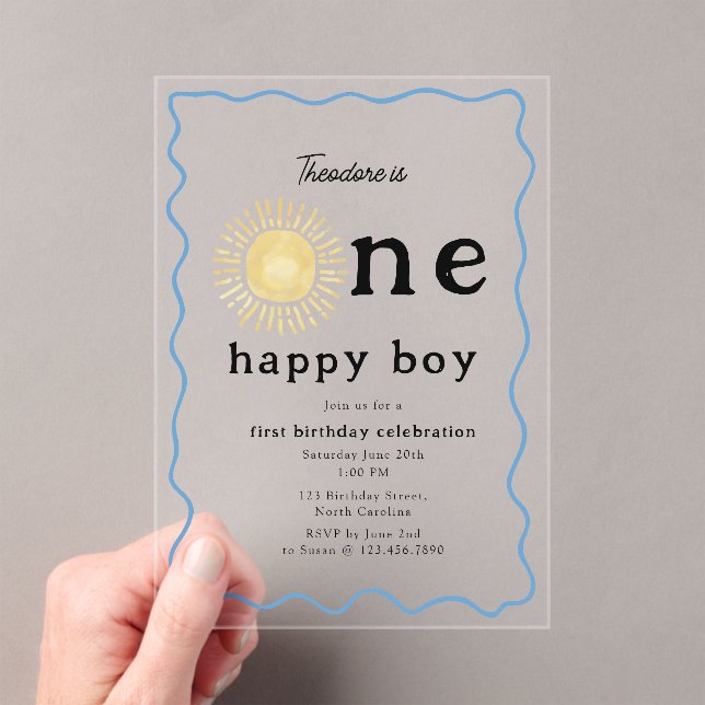 Invitations En Acrylique Boho Sunshine Premier anniversaire Un joyeux garço (In situ (ordinateur de poche))