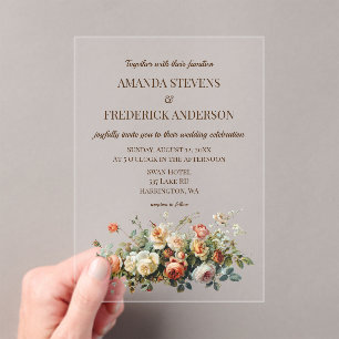 Invitations En Acrylique Boho vieux papier Vintage arrangement floral Maria