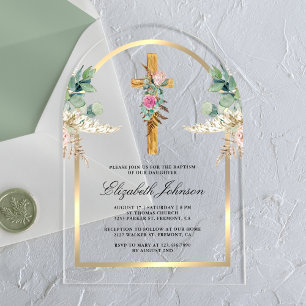 Invitations En Acrylique Bois Croix Or Arch Pampas Eucalyptus Baptême