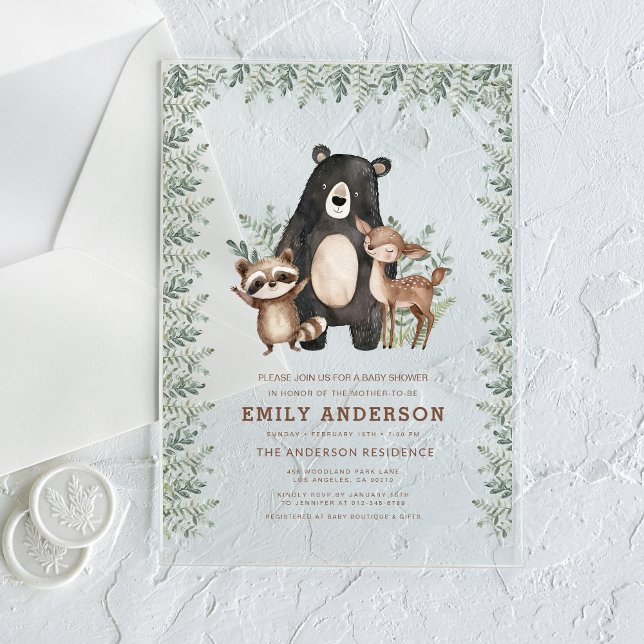 Invitations En Acrylique Boissons Animaux forestiers Baby shower neutre pou (Créateur téléchargé)