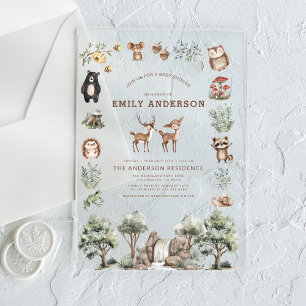 Invitations En Acrylique Boissons Animaux forestiers Baby shower neutre pou