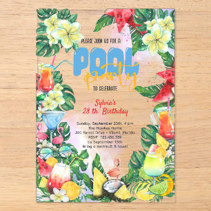 Invitations En Acrylique Boissons d'été de piscine anniversaire adulte fête