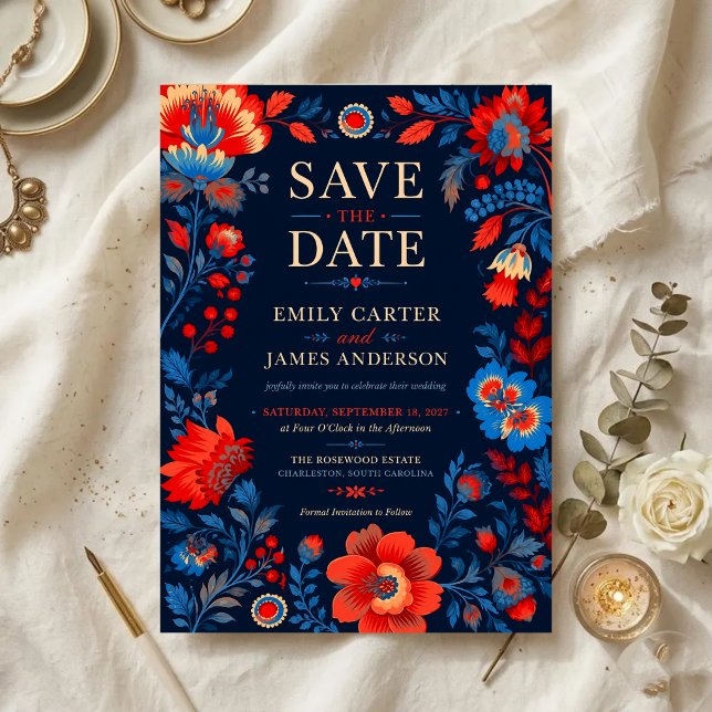Invitations En Acrylique Bold Red and Blue Floral (Créateur téléchargé)
