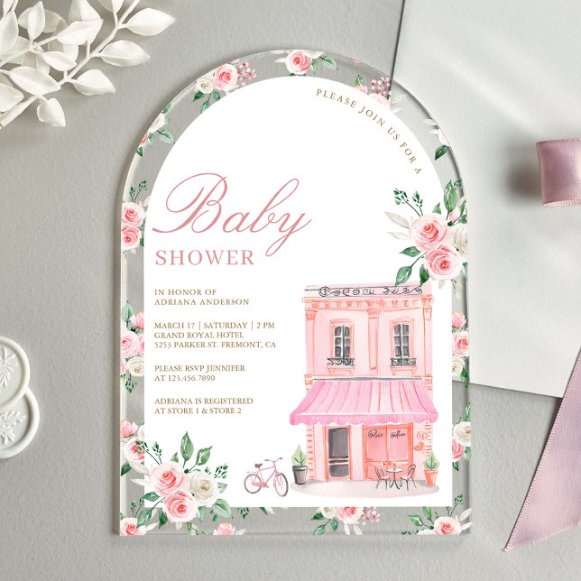 Invitations En Acrylique Bonjour Bebe French Pink Café Baby shower (Créateur téléchargé)