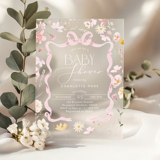 Invitations En Acrylique Bonnet rose Bow cadre Fleur sauvage Bébé fille Dou (Créateur téléchargé)