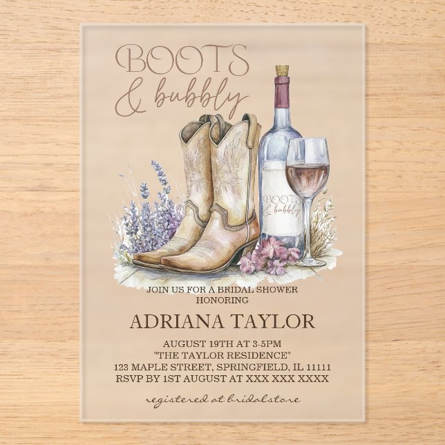 Invitations En Acrylique Boots & Bubbly Fête des mariées occidentale (Recto)