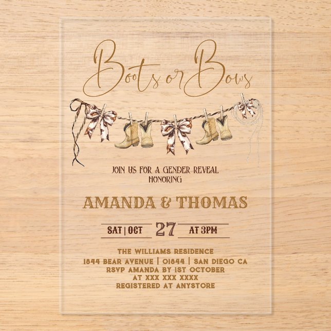 Invitations En Acrylique Boots or Bows Western Genre Reveve (Recto)