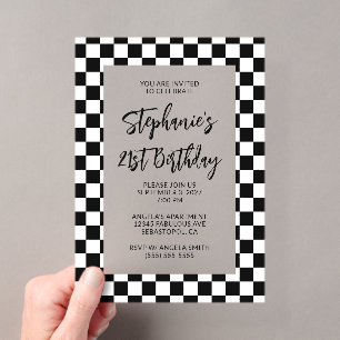 Invitations En Acrylique Bordure à carreaux noir et blanc 21e anniversaire