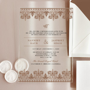 Invitations En Acrylique Bordure en Damas Brun Mariage Anand Karaj Sikh