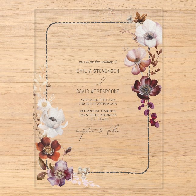 Invitations En Acrylique Bordure florale à festons de l'anémone rustique de (Recto)