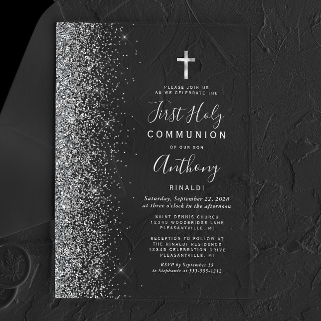 Invitations En Acrylique Bordure Pailletée Argent Première Sainte Communion (Créateur téléchargé)