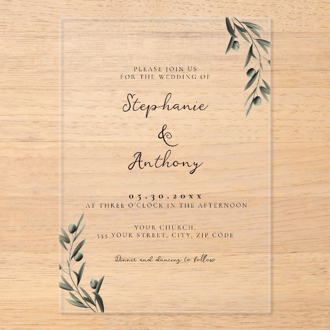 Invitations En Acrylique Botanique Olive Branch Feuille Mariage italien (Recto)