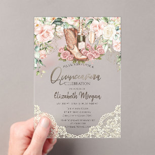 Invitations En Acrylique Botte à vin rose dentelle Quinceanera