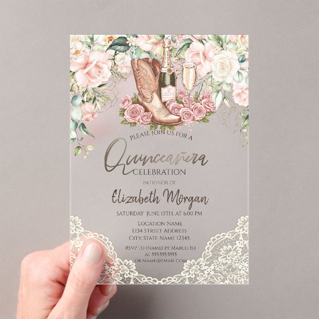 Invitations En Acrylique Botte à vin rose dentelle Quinceanera (In situ (ordinateur de poche))