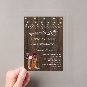Invitations En Acrylique Bottes de cowboy bordeaux florales avant qu'ils di