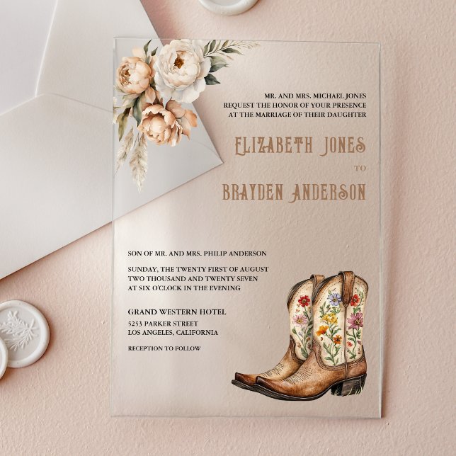 Invitations En Acrylique Bottes de cowboy occidentales florales rustiques p (Créateur téléchargé)